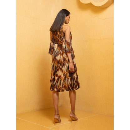 Nikita Mhaisalkar Sundown Coffee High Neck Ruffle Dress with Belt