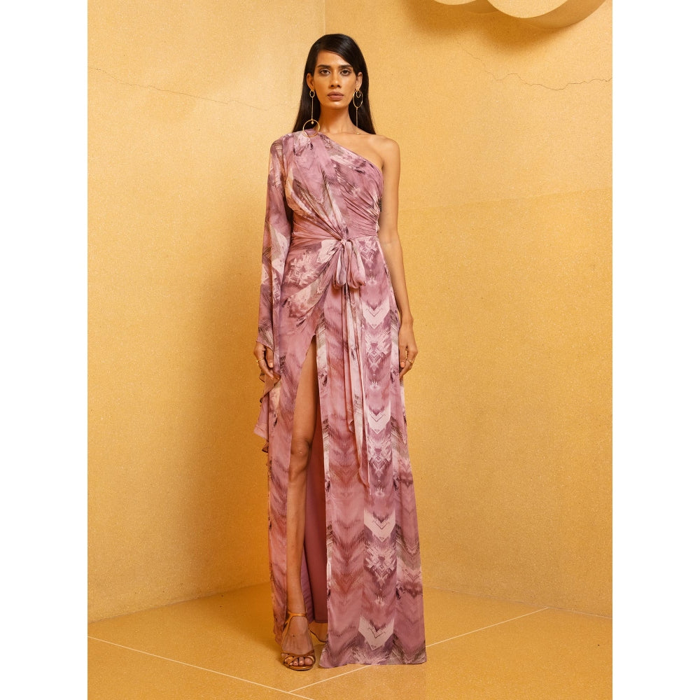 Nikita Mhaisalkar Lilac Floss Print One Shoulder Slit Draped Dress