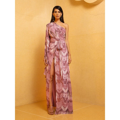 Nikita Mhaisalkar Lilac Floss Print One Shoulder Slit Draped Dress