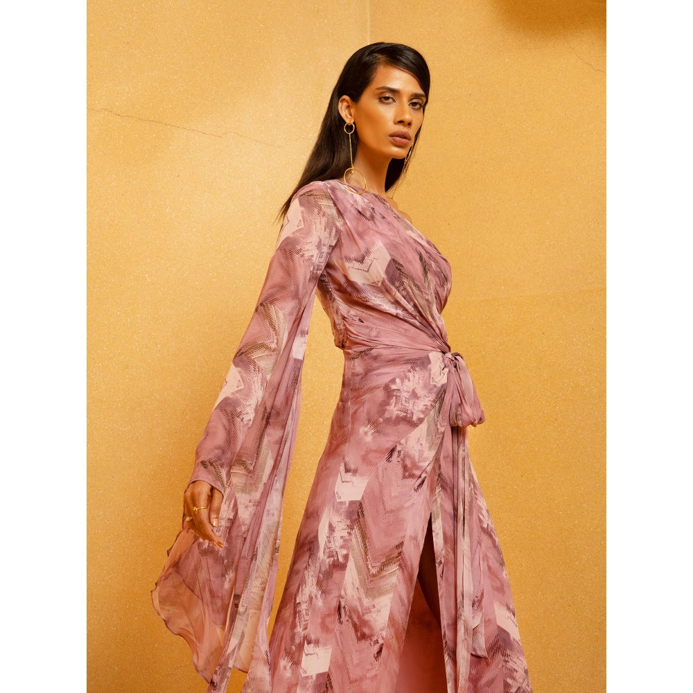 Nikita Mhaisalkar Lilac Floss Print One Shoulder Slit Draped Dress