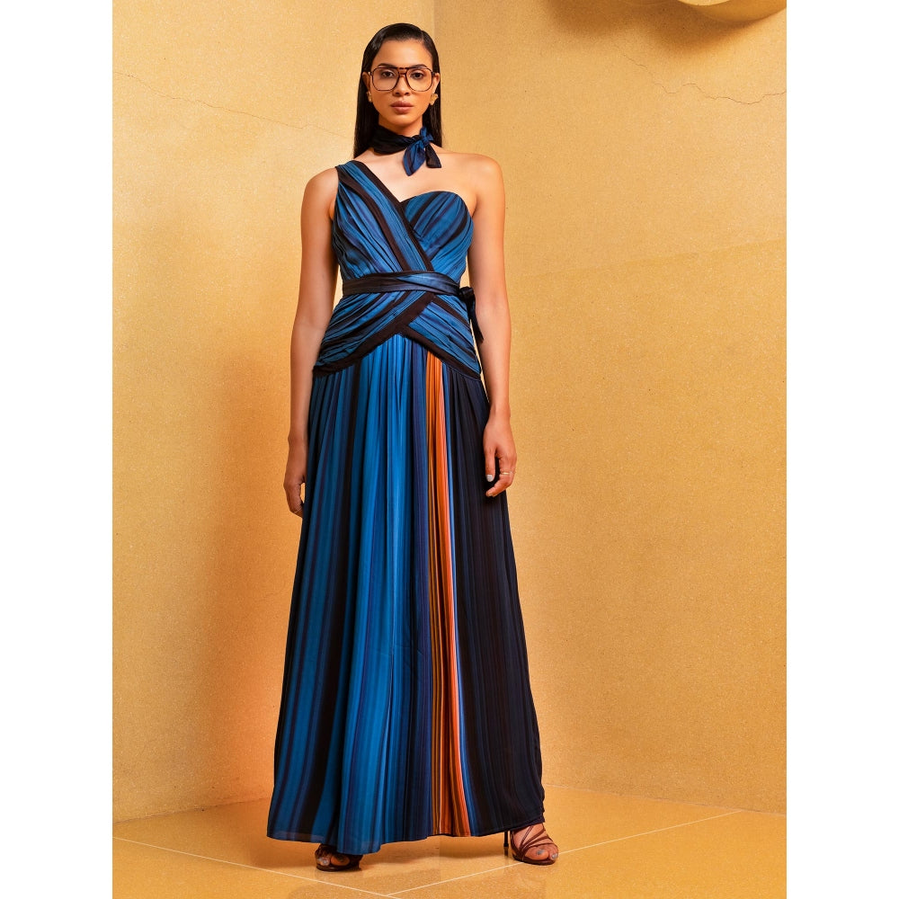 Nikita Mhaisalkar Midnight Stroke Print One Shoulder Pleated Dress