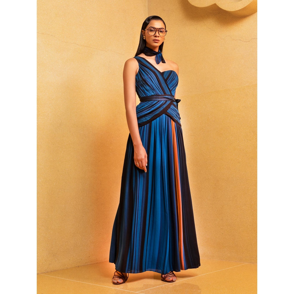 Nikita Mhaisalkar Midnight Stroke Print One Shoulder Pleated Dress