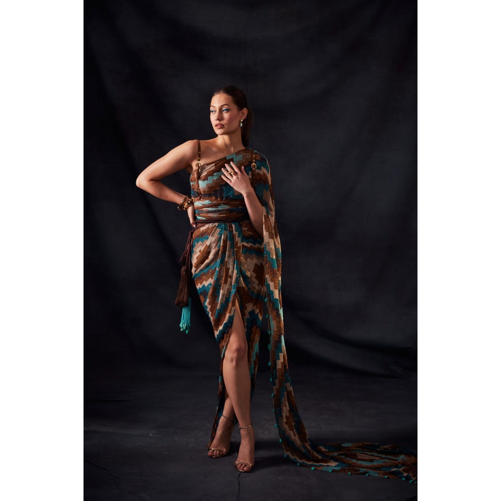 Nikita Mhaisalkar Turquoise Grid Print Drape Saree