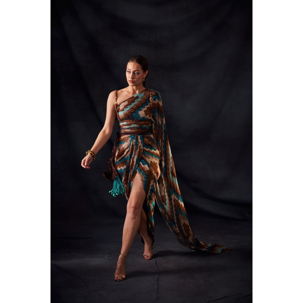 Nikita Mhaisalkar Turquoise Grid Print Drape Saree