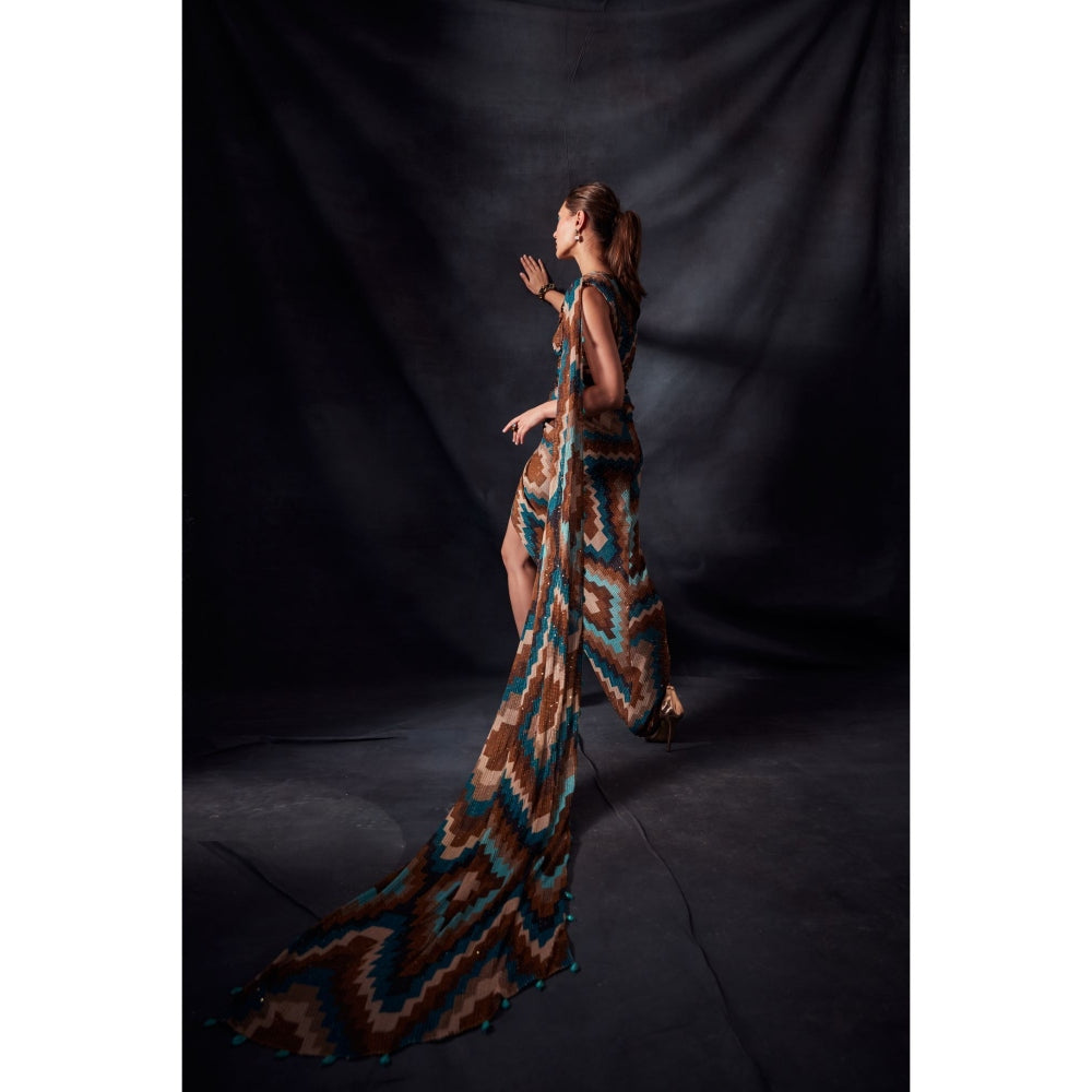 Nikita Mhaisalkar Turquoise Grid Print Drape Saree