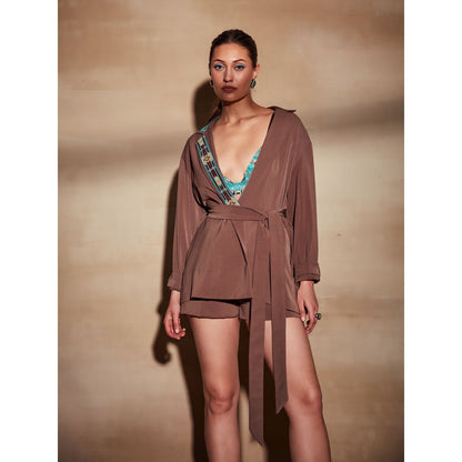 Nikita Mhaisalkar Tan Jacket with Turkish Beaded Embroidery (Set of 2)