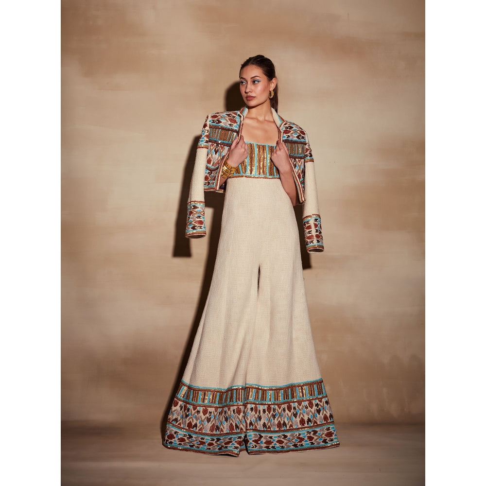 Nikita Mhaisalkar Off-White Jumpsuit with Rafia and Metallic Wire Embroidery