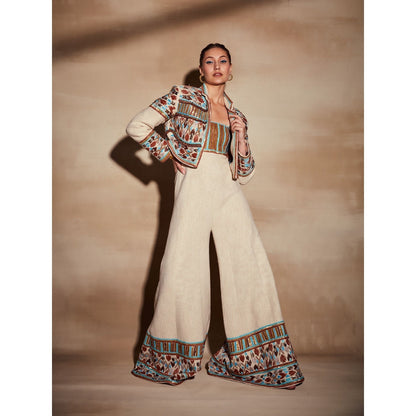 Nikita Mhaisalkar Off-White Jumpsuit with Rafia and Metallic Wire Embroidery
