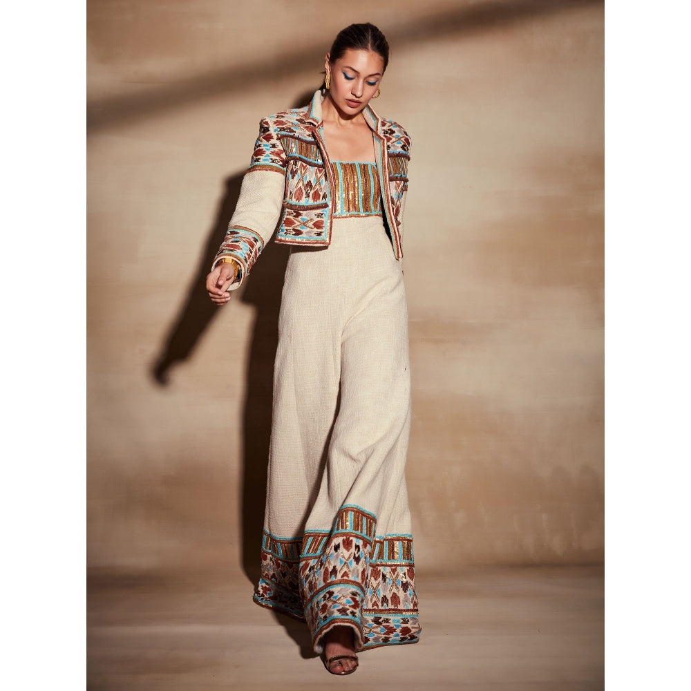 Nikita Mhaisalkar Off-White Jumpsuit with Rafia and Metallic Wire Embroidery