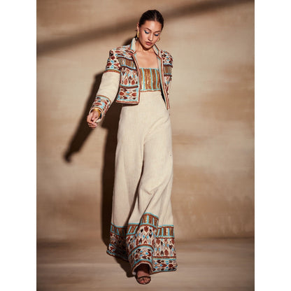 Nikita Mhaisalkar Off-White Jumpsuit with Rafia and Metallic Wire Embroidery