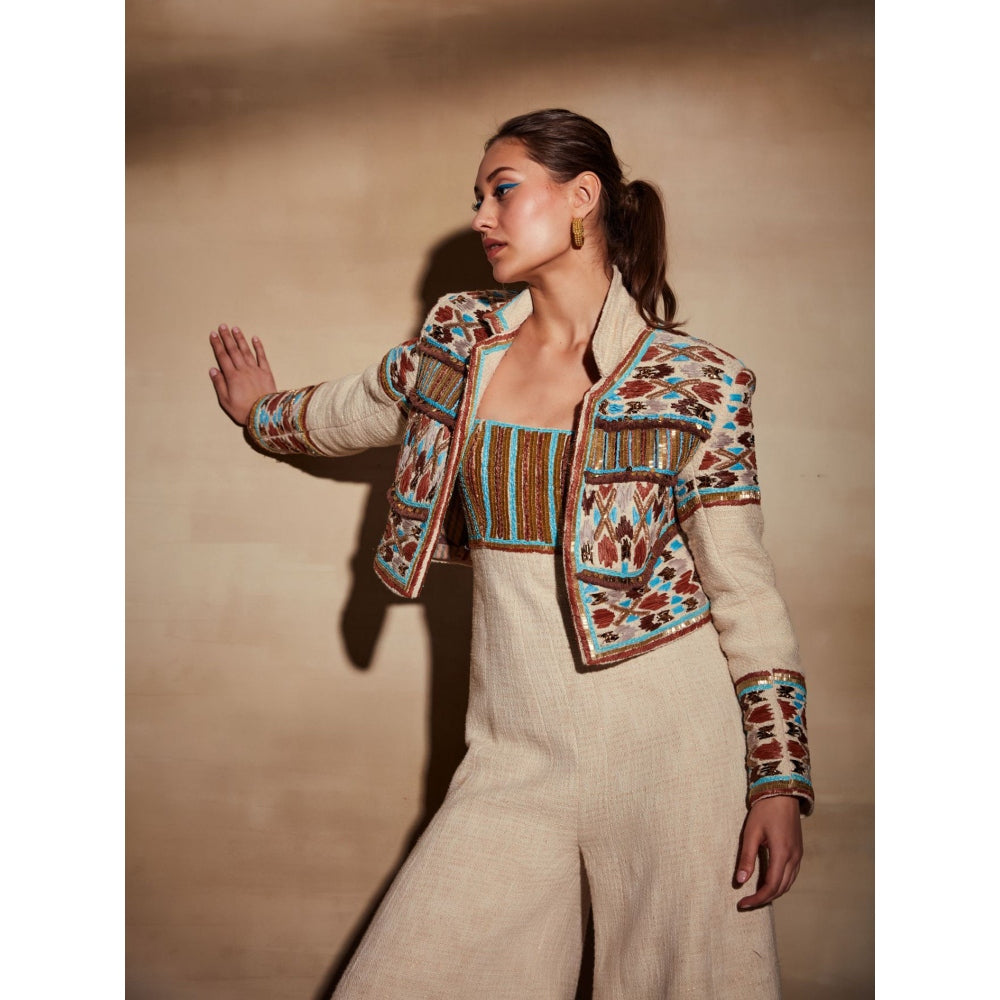 Nikita Mhaisalkar Off-White Jumpsuit with Rafia and Metallic Wire Embroidery