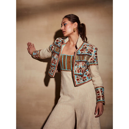 Nikita Mhaisalkar Off-White Jumpsuit with Rafia and Metallic Wire Embroidery