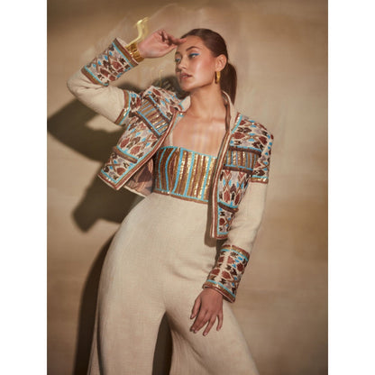 Nikita Mhaisalkar Off-White Jumpsuit with Rafia and Metallic Wire Embroidery