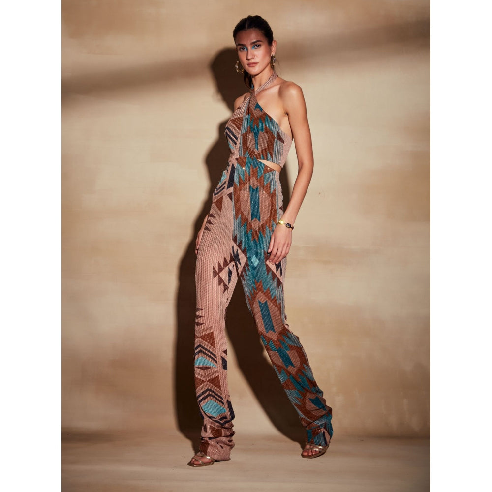 Nikita Mhaisalkar Turquoise Tapis and Multi Colourprint Jumpsuit