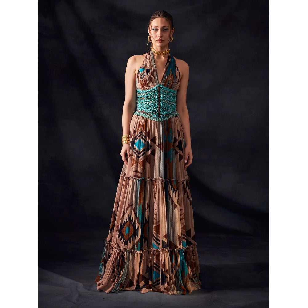 Nikita Mhaisalkar Turquoise Tapis and Multi Colour Print Maxi