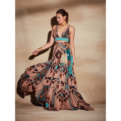 Nikita Mhaisalkar Turquoise Tapis and Multi Colour Print Top with Turkish Beaded Embroidery