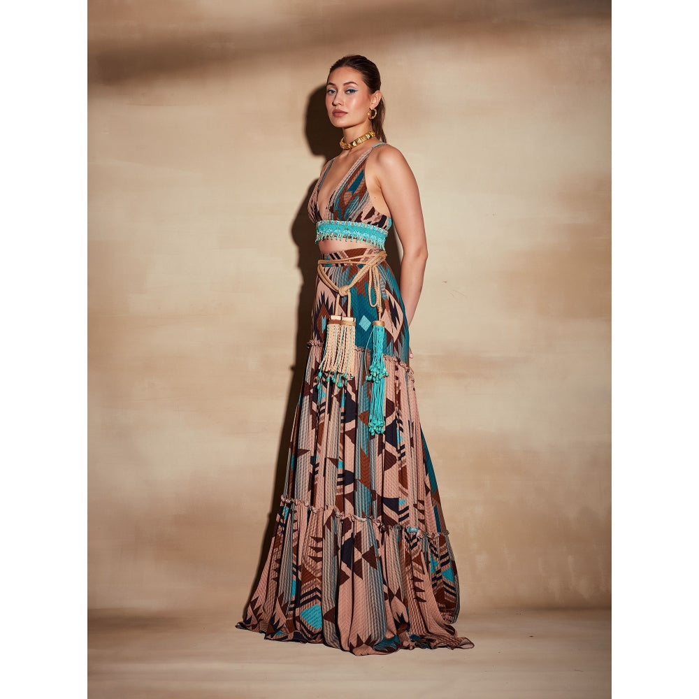 Nikita Mhaisalkar Turquoise Tapis and Multi Colour Print Top with Turkish Beaded Embroidery