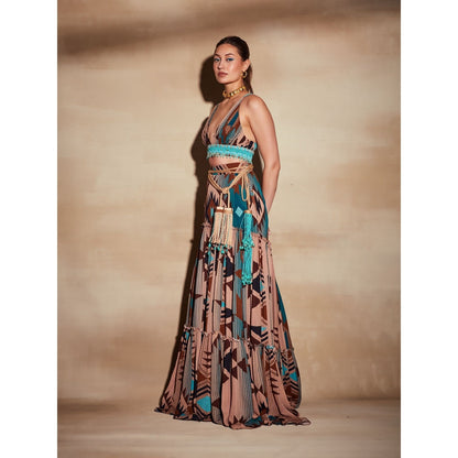Nikita Mhaisalkar Turquoise Tapis and Multi Colour Print Top with Turkish Beaded Embroidery
