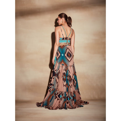Nikita Mhaisalkar Turquoise Tapis and Multi Colour Print Top with Turkish Beaded Embroidery
