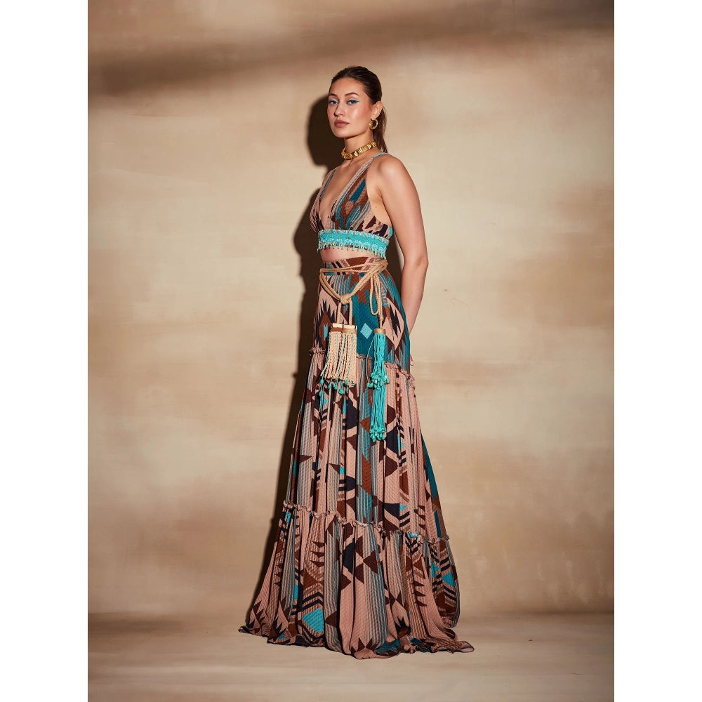 Nikita Mhaisalkar Turquoise Tapis and Multi Colourprint Skirt