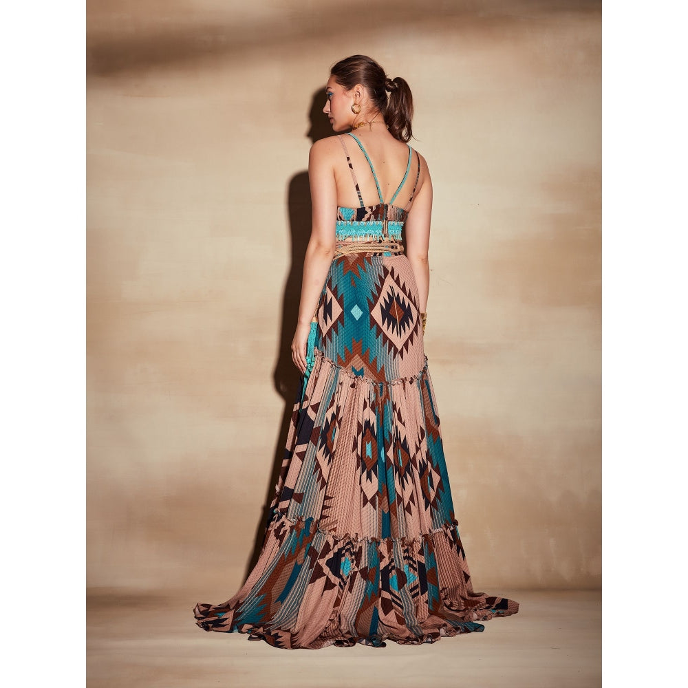 Nikita Mhaisalkar Turquoise Tapis and Multi Colourprint Skirt