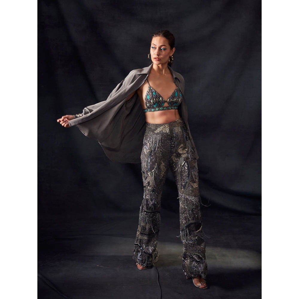 Nikita Mhaisalkar Grey Pants with Oxidised Gun Metal Embroidery