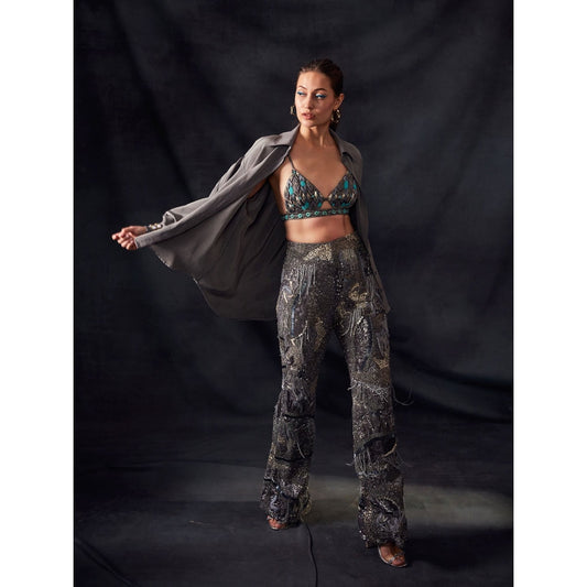 Nikita Mhaisalkar Grey Pants with Oxidised Gun Metal Embroidery