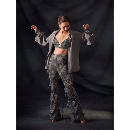 Nikita Mhaisalkar Grey Bralette with Oxidised Gun Metal Embroidery
