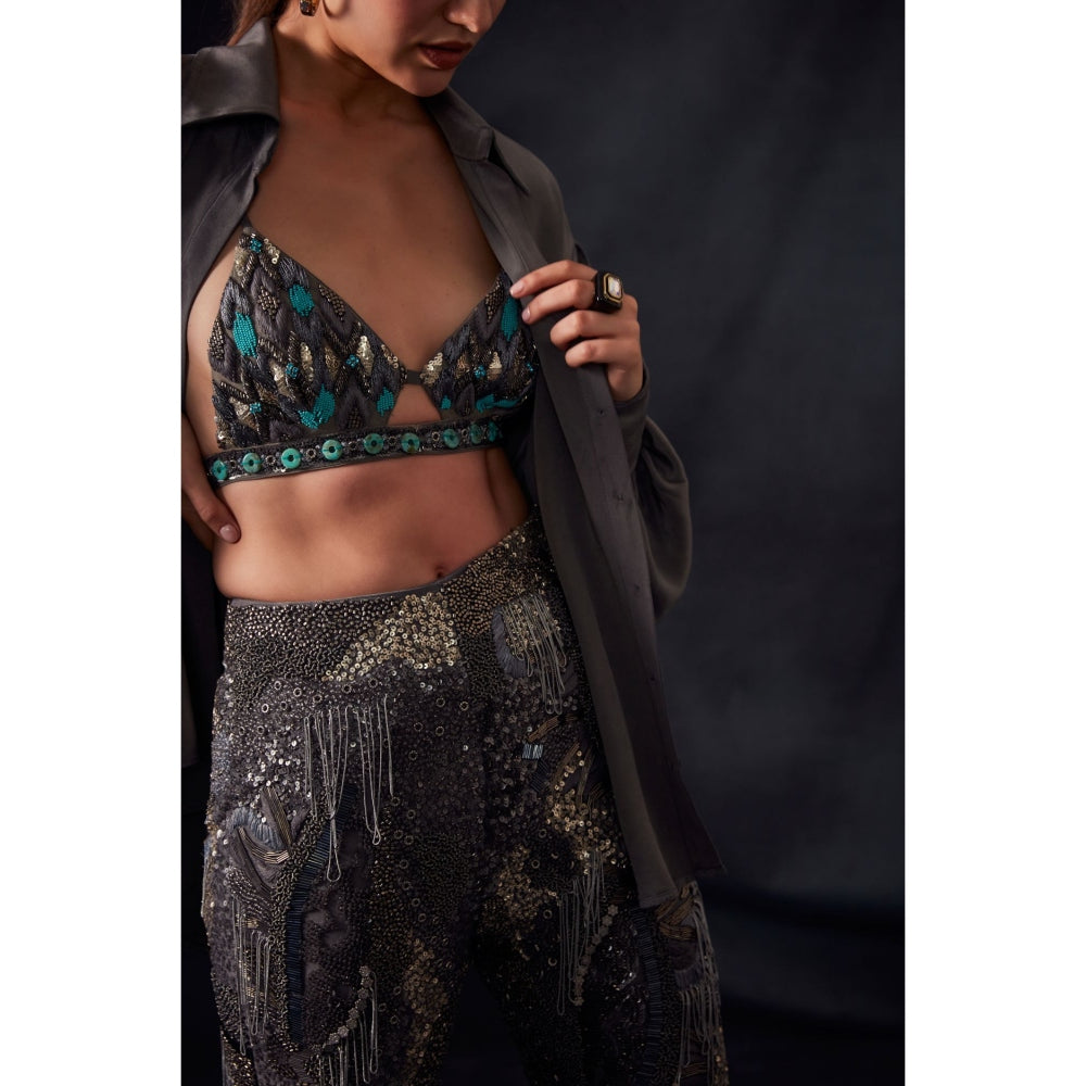Nikita Mhaisalkar Grey Bralette with Oxidised Gun Metal Embroidery