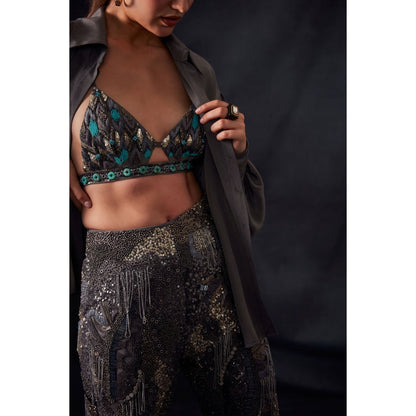 Nikita Mhaisalkar Grey Bralette with Oxidised Gun Metal Embroidery