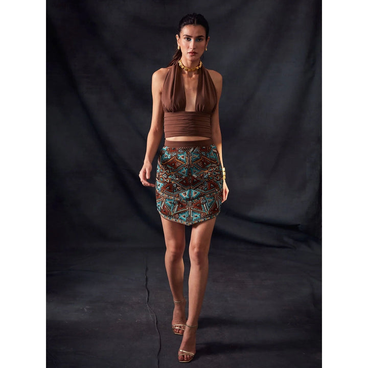Nikita Mhaisalkar Dark Tan Skirt with Turkish Threadwork and Gunmetal Embellishment Embroidery