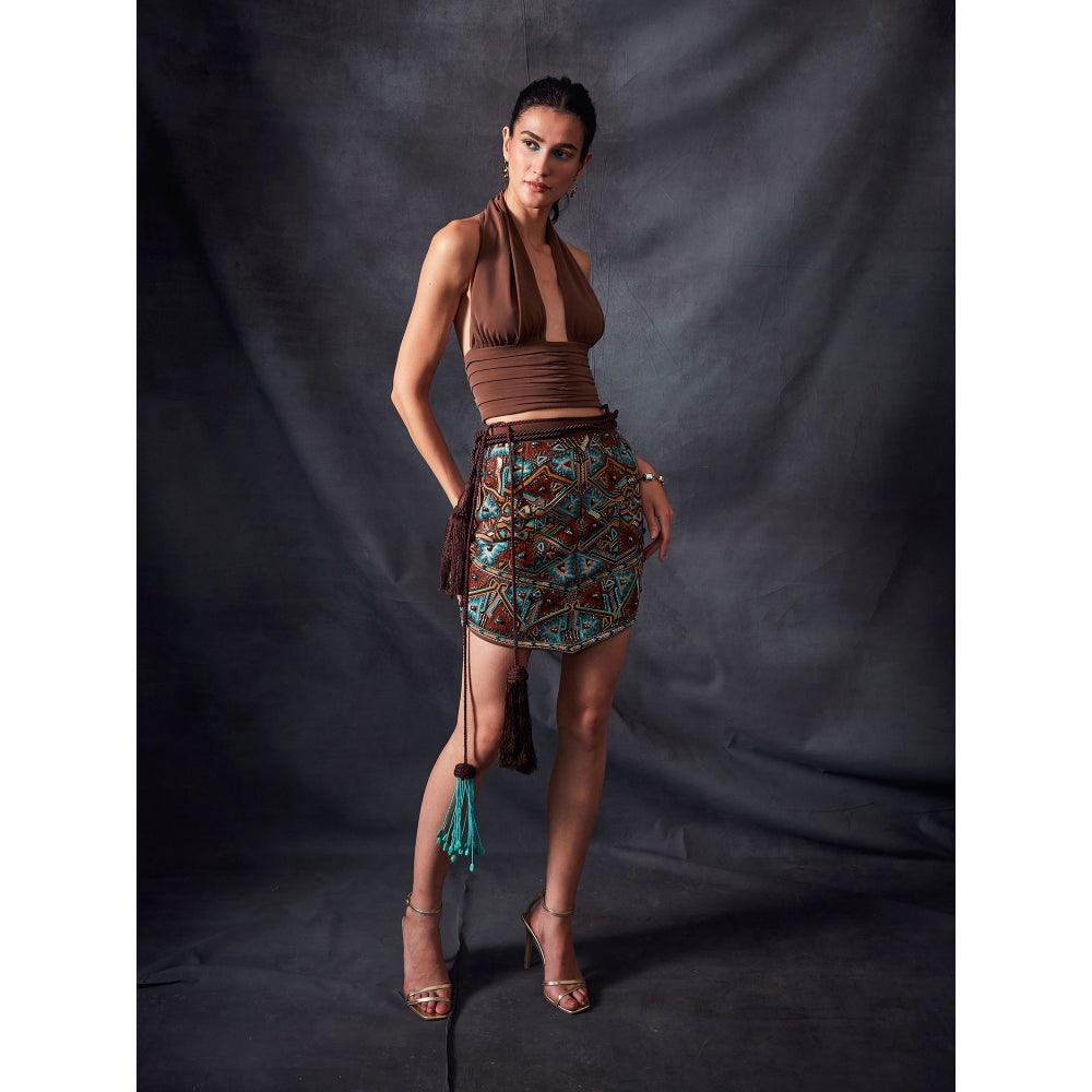 Nikita Mhaisalkar Dark Tan Skirt with Turkish Threadwork and Gunmetal Embellishment Embroidery