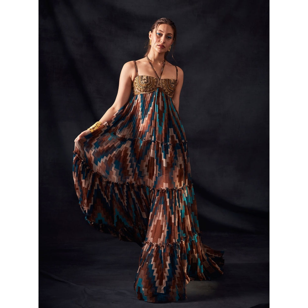 Nikita Mhaisalkar Turquoise and Multi - Colour Grid Print Maxi with Aged Old Embroidery