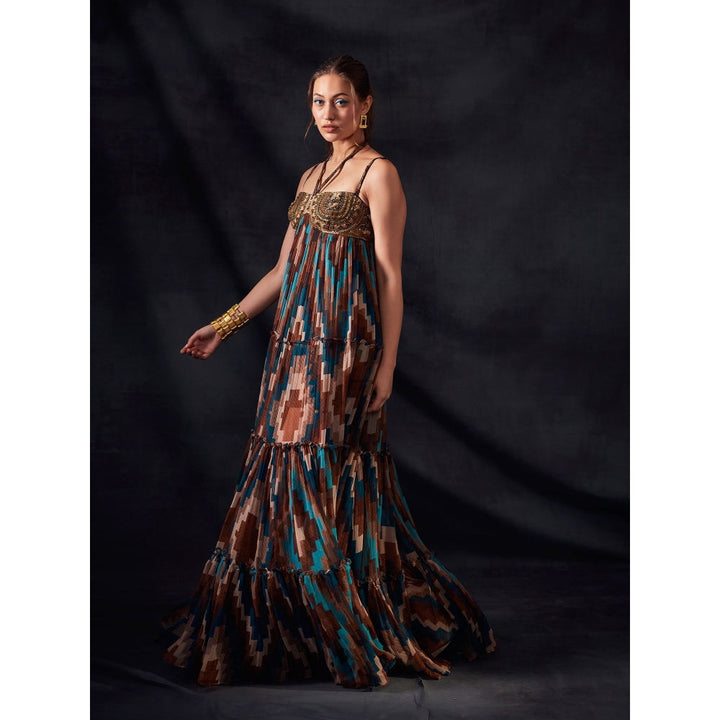 Nikita Mhaisalkar Turquoise and Multi - Colour Grid Print Maxi with Aged Old Embroidery