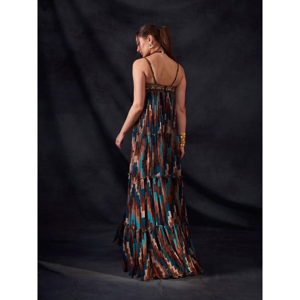 Nikita Mhaisalkar Turquoise and Multi - Colour Grid Print Maxi with Aged Old Embroidery