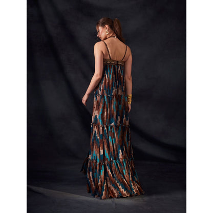 Nikita Mhaisalkar Turquoise and Multi - Colour Grid Print Maxi with Aged Old Embroidery