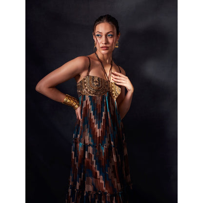 Nikita Mhaisalkar Turquoise and Multi - Colour Grid Print Maxi with Aged Old Embroidery