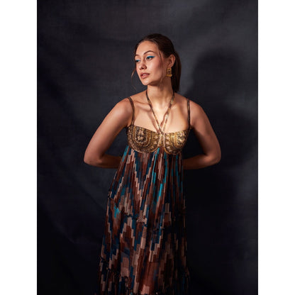 Nikita Mhaisalkar Turquoise and Multi - Colour Grid Print Maxi with Aged Old Embroidery