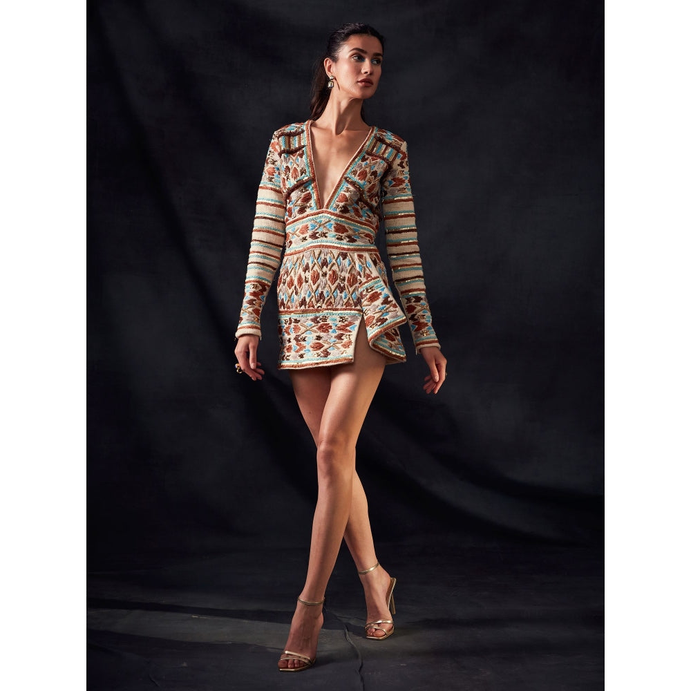 Nikita Mhaisalkar Off White Short Dress with Rafia and Metallic Wire Embroidery
