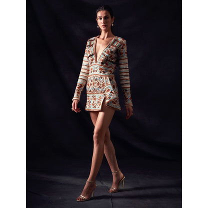 Nikita Mhaisalkar Off White Short Dress with Rafia and Metallic Wire Embroidery