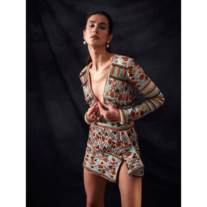 Nikita Mhaisalkar Off White Short Dress with Rafia and Metallic Wire Embroidery