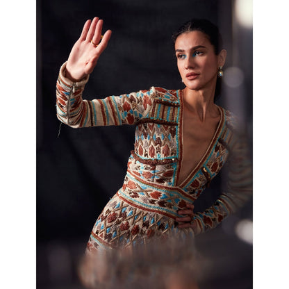 Nikita Mhaisalkar Off White Short Dress with Rafia and Metallic Wire Embroidery