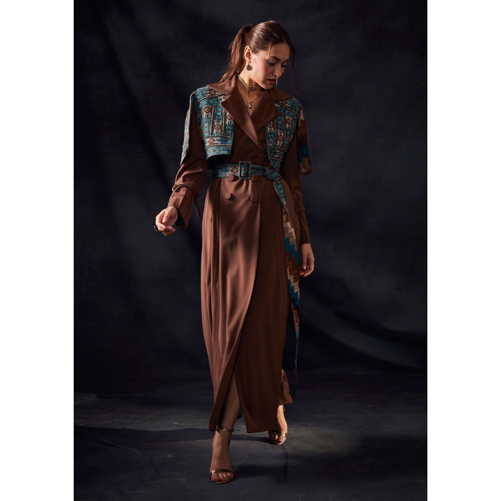 Nikita Mhaisalkar Tan Open Shoulder Jacket with Turkish Threadwork & Gold Embroidery