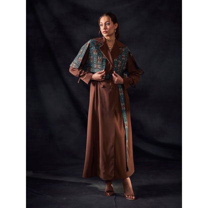 Nikita Mhaisalkar Tan Open Shoulder Jacket with Turkish Threadwork & Gold Embroidery