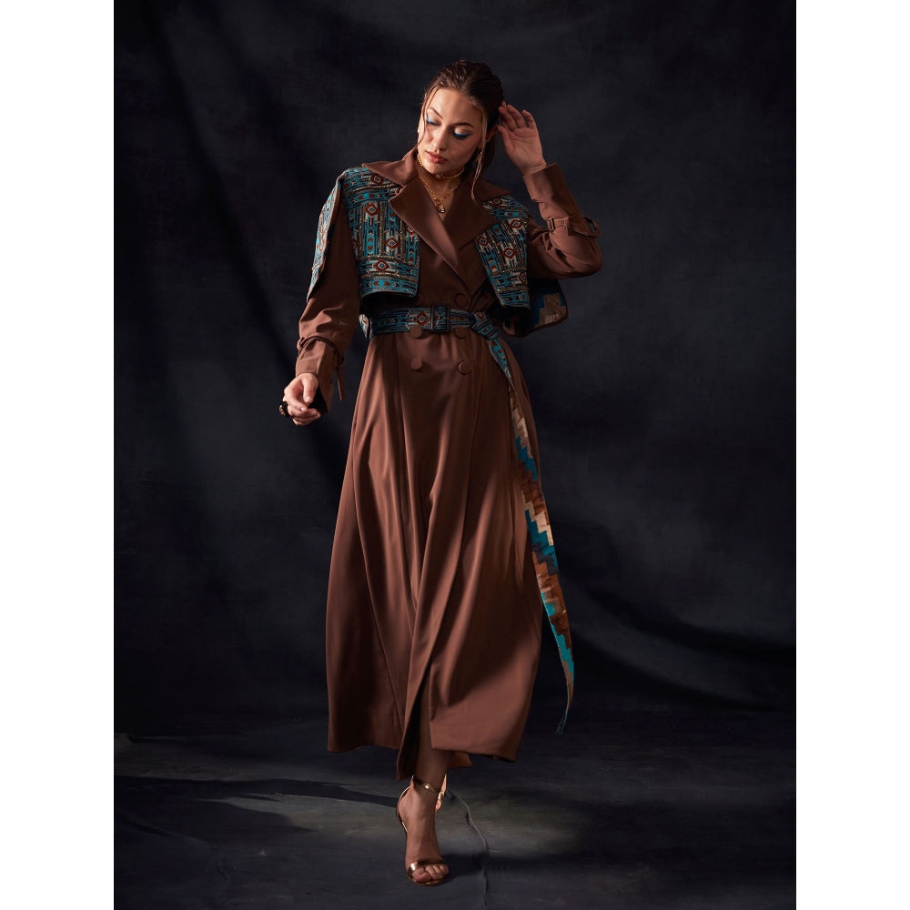 Nikita Mhaisalkar Tan Open Shoulder Jacket with Turkish Threadwork & Gold Embroidery