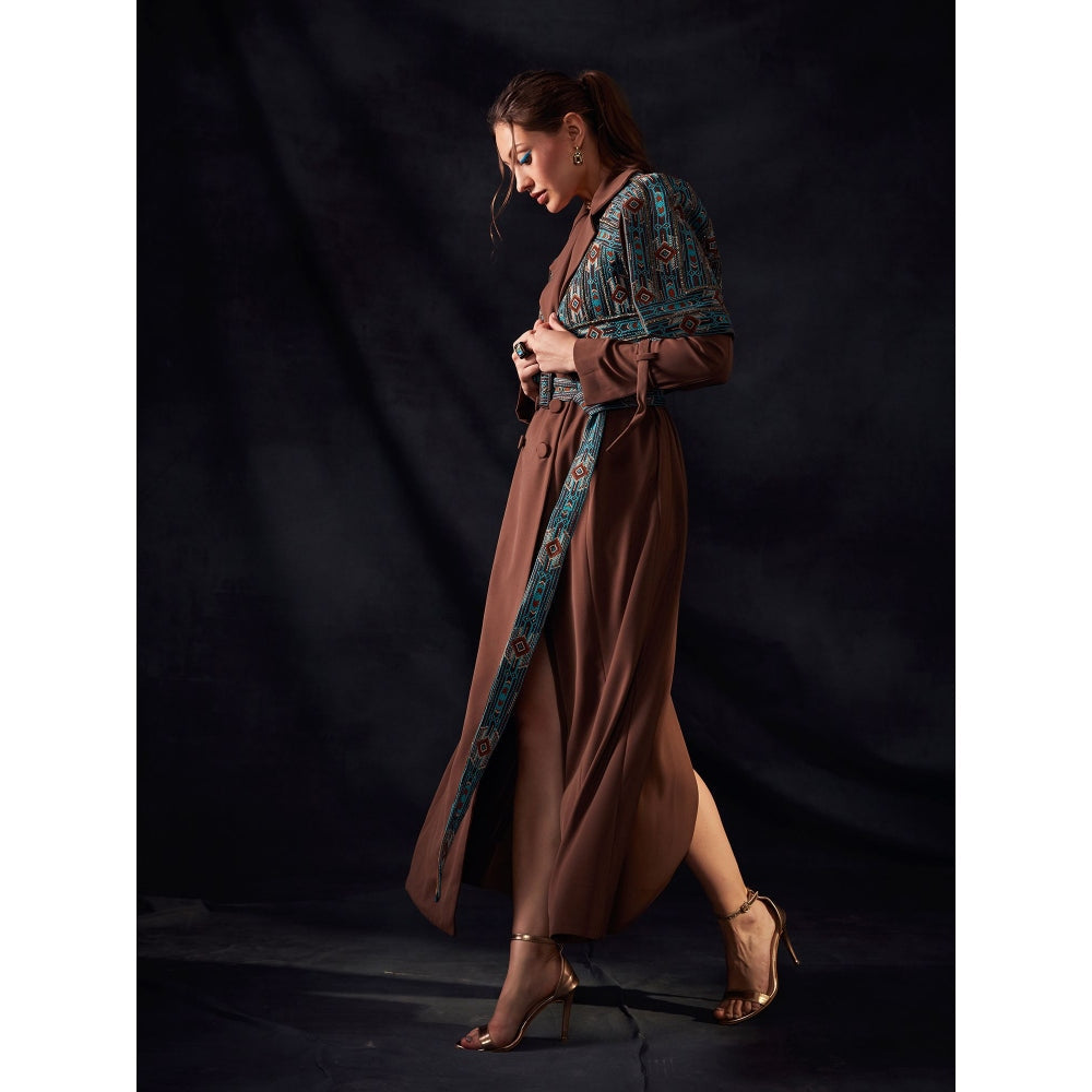 Nikita Mhaisalkar Tan Open Shoulder Jacket with Turkish Threadwork & Gold Embroidery