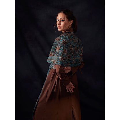 Nikita Mhaisalkar Tan Open Shoulder Jacket with Turkish Threadwork & Gold Embroidery