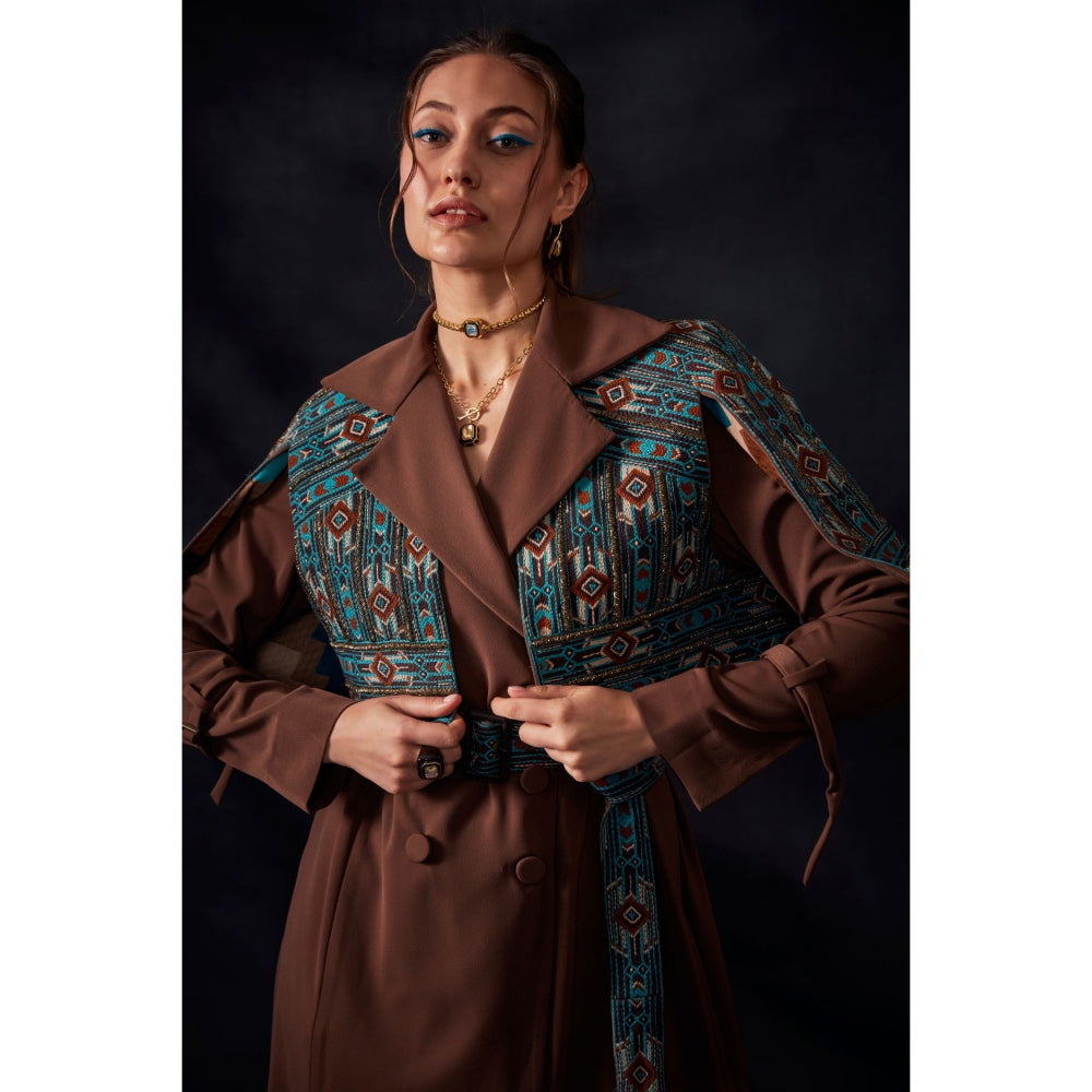 Nikita Mhaisalkar Tan Open Shoulder Jacket with Turkish Threadwork & Gold Embroidery
