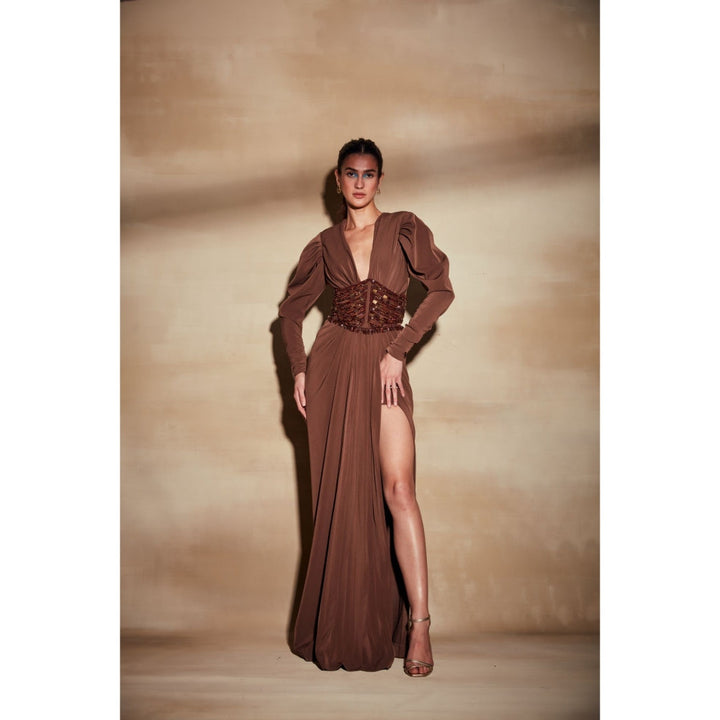 Nikita Mhaisalkar Dark Tan Dress with Slit