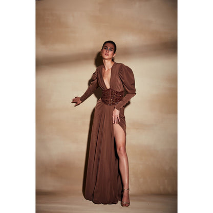 Nikita Mhaisalkar Dark Tan Dress with Slit